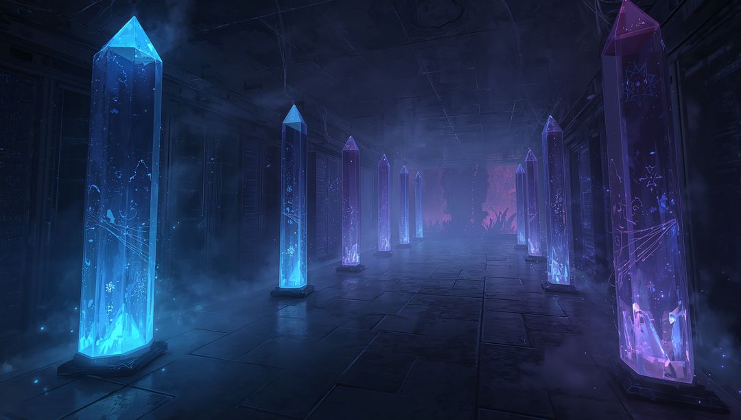 Mystical Corridor with Glowing Hexagonal Crystal Pillars