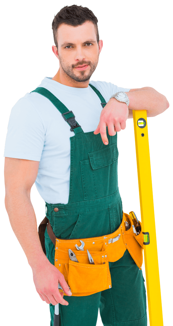 Confident Carpenter with Spirit Level and Tool Belt on Transparent Background
