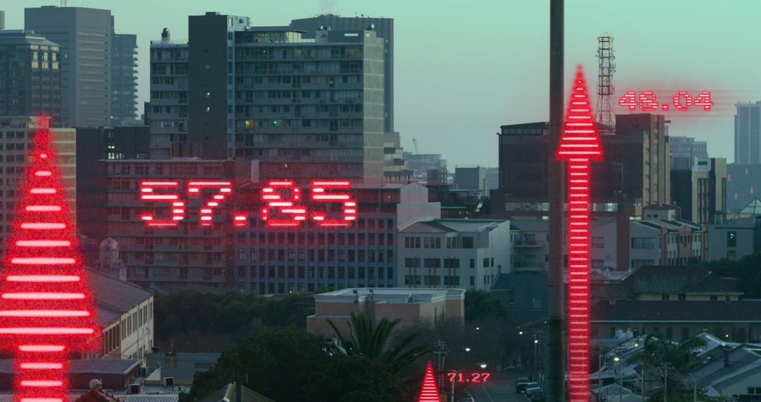 Rising Financial Data Display Over Cityscape