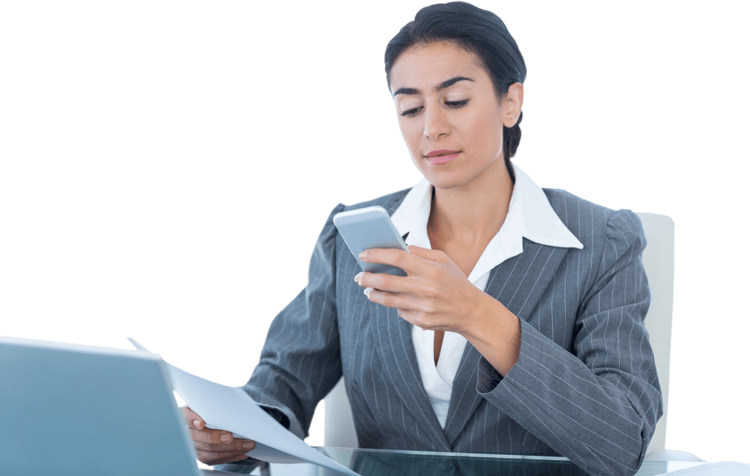 Businesswoman in Office Using Smartphone Surrounded by Technology