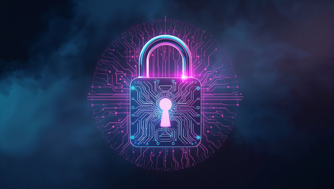 Neon Padlock with Digital Circuitry Symbolizing Cybersecurity