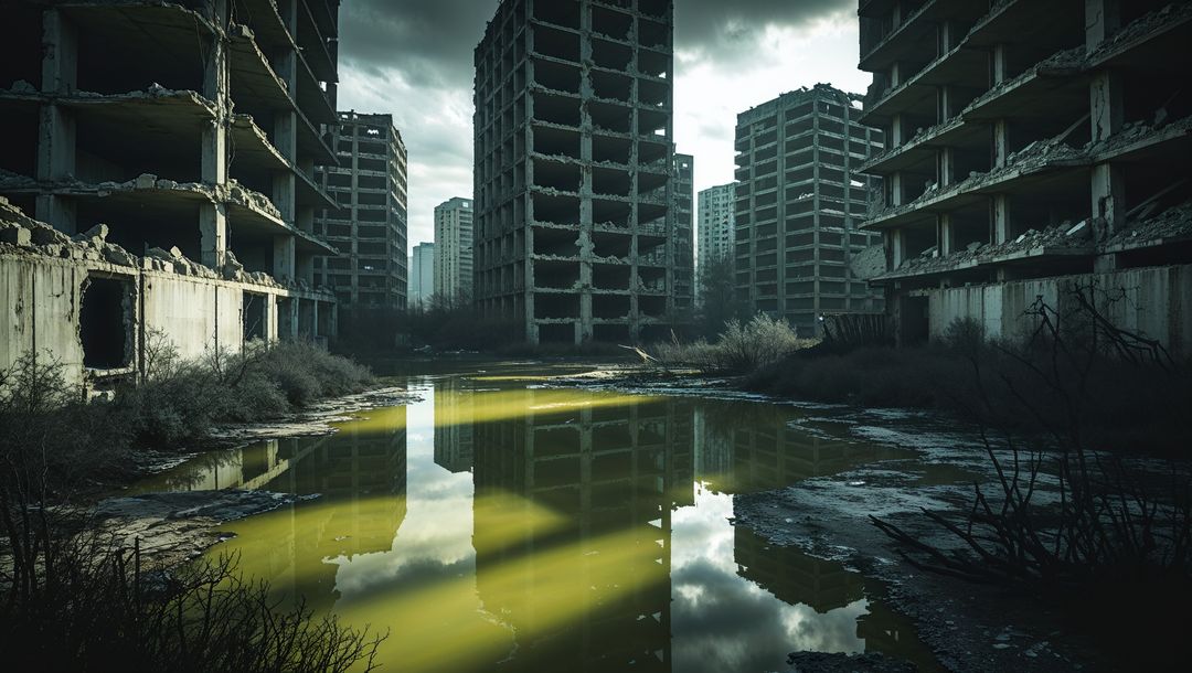 Abandoned urban ruin with polluted water and decaying skyscrapers in apocalypse aftermath