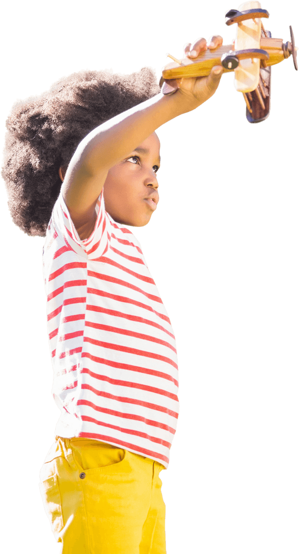 Black Child Playing with Toy Plane, Imagination Concept, Transparent Background