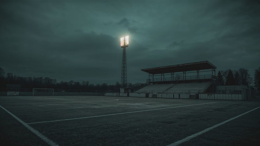 Empty Soccer Stadium with Illuminated Floodlights at Dusk