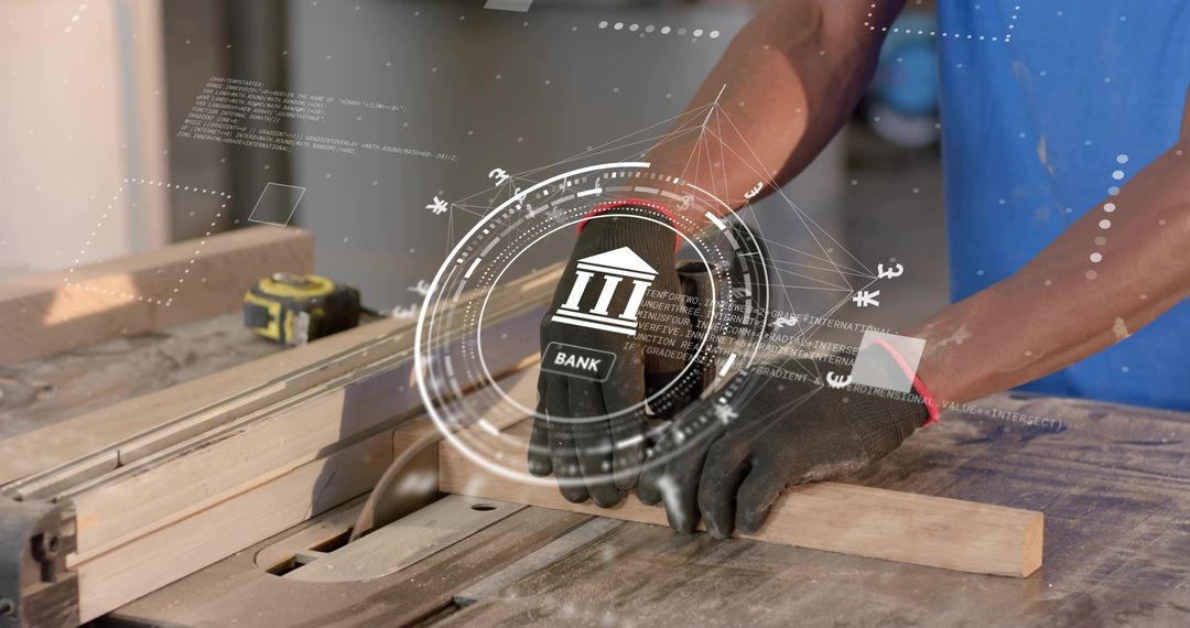 Woodworker Guiding Lumber Through Table Saw with Augmented Reality HUD