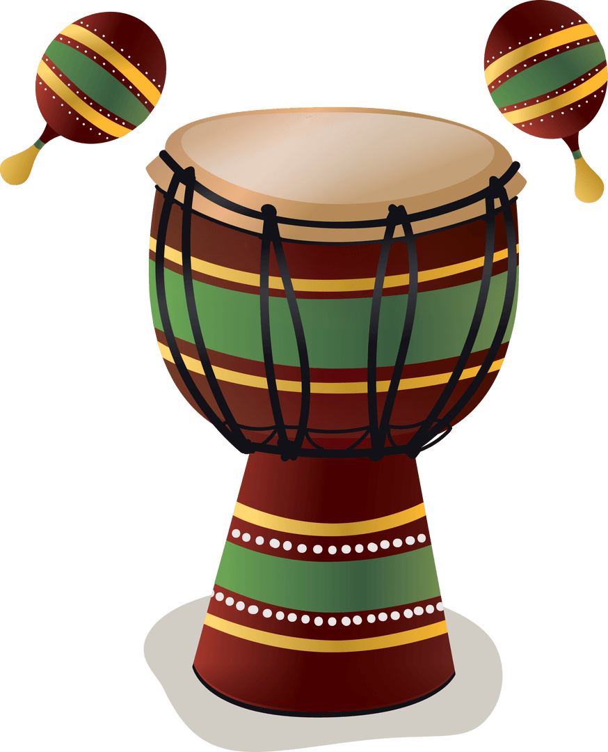 African Drum and Maracas with Vibrant Design on Transparent Background