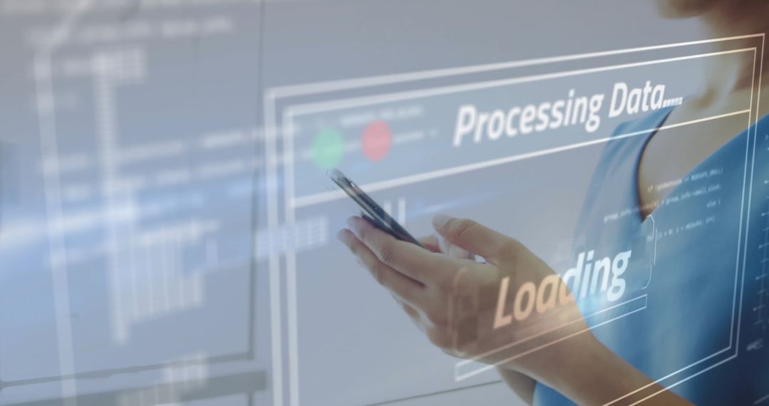 Woman Using Smartphone with Data Processing Interface Overlay