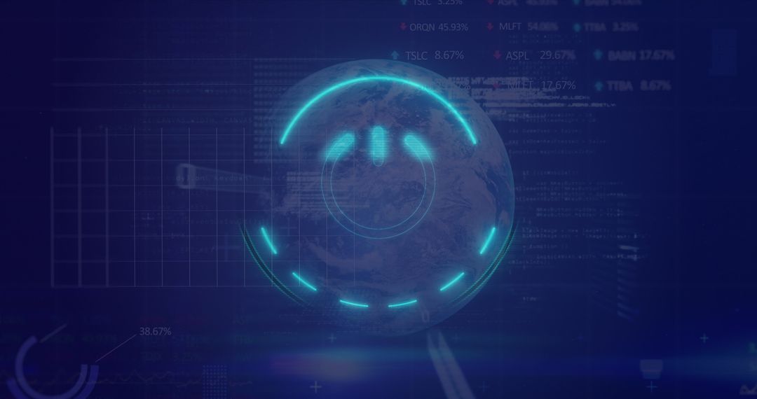 Global Finance Technology with Digital Power Symbol Overlay