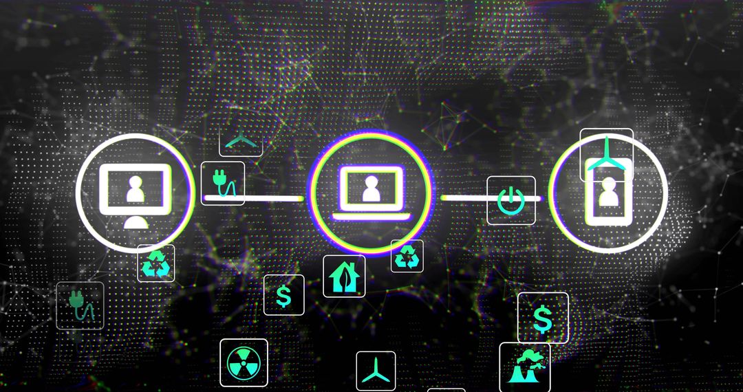Neon Energy Network Dashboard Visualizing Connected Devices, Renewable Icons and Data Flow