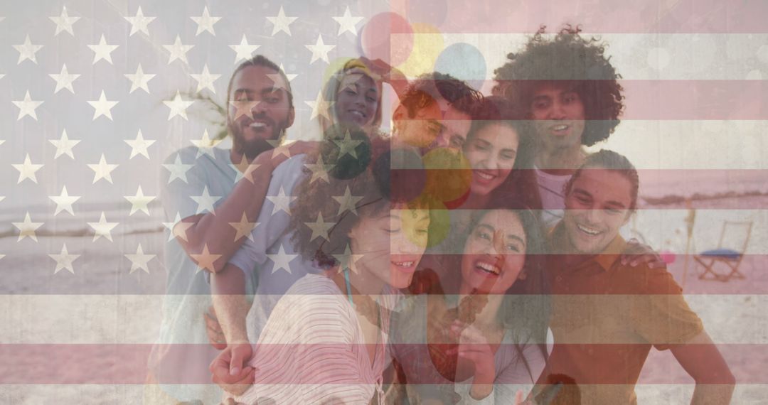 Diverse Group of Friends Taking Selfie with American Flag Overlay - Free Images, Stock Photos and Pictures on Pikwizard.com