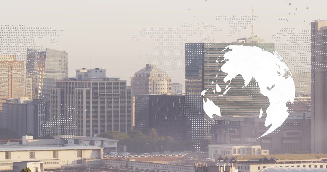 Eurasia Globe Overlay on Urban Cityscape Viewed Under Dot Matrix