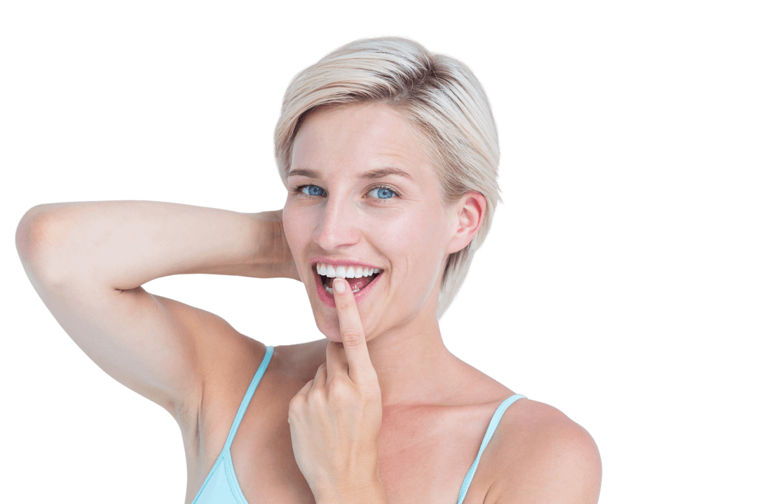 Smiling Blonde Woman Showing White Teeth on Transparent Background