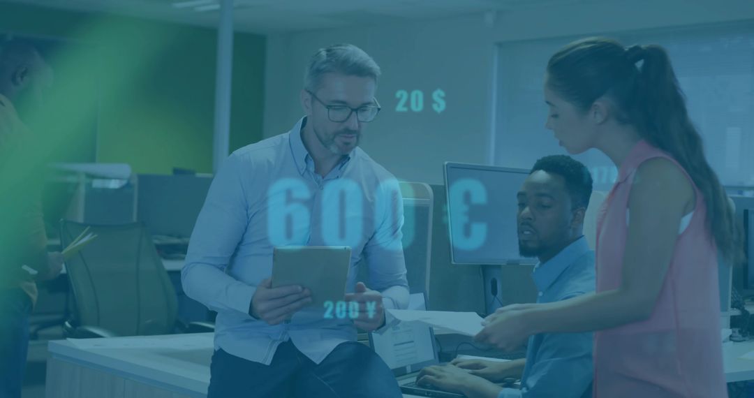 Diverse Team Analyzing Data on High-Tech Office Screens