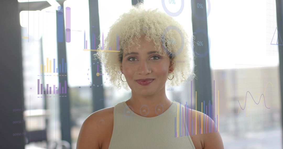 Confident professional presenting interactive data visualizations in modern office