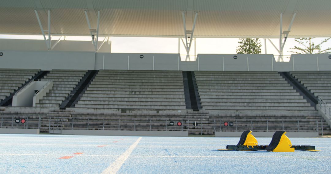 Starting Blocks on Blue Track in Empty Stadium - Free Images, Stock Photos and Pictures on Pikwizard.com