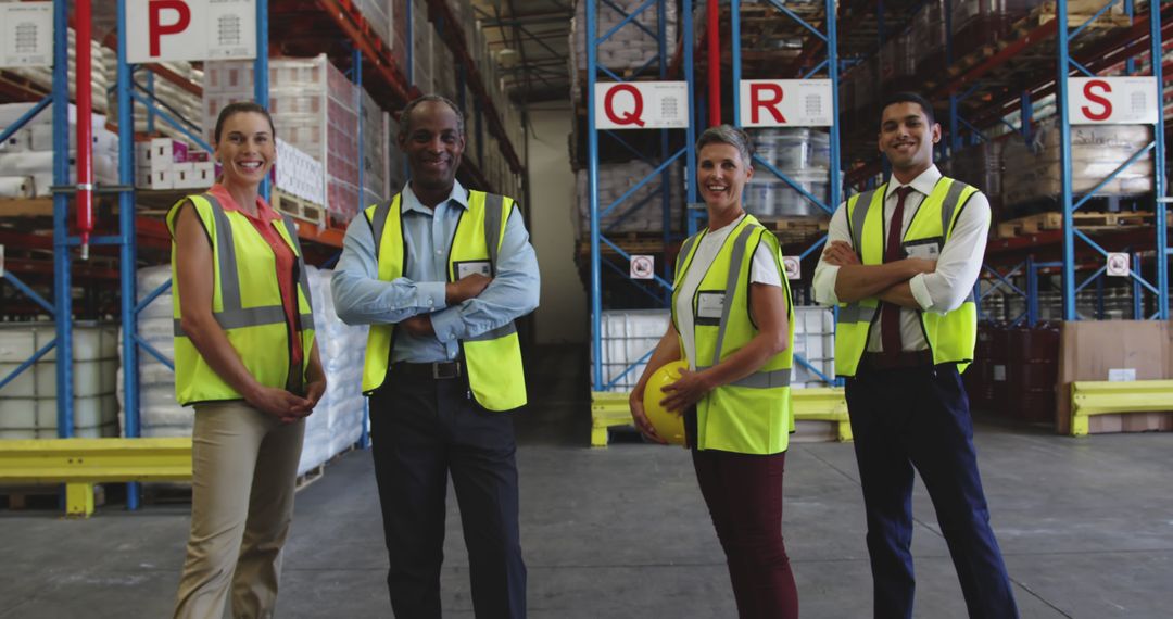 Diverse Warehouse Team Wearing Safety Vests Smiling at Camera - Free Images, Stock Photos and Pictures on Pikwizard.com