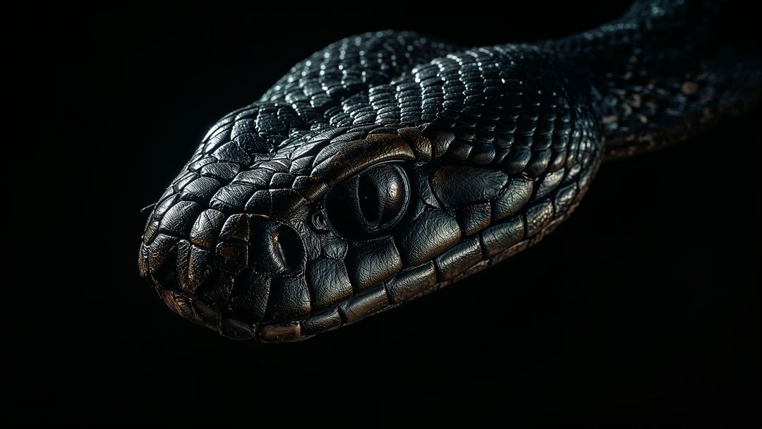 Glossy black king cobra head with scales in low lighting
