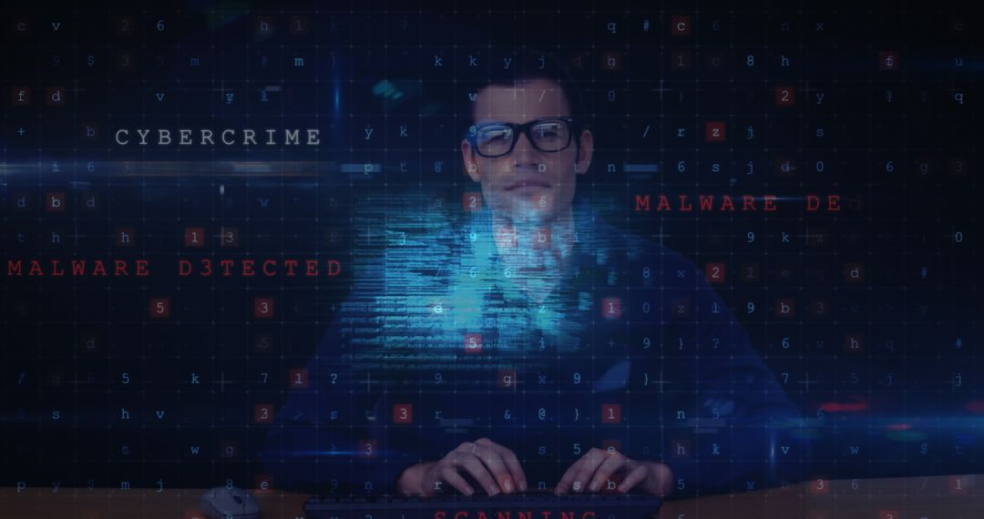 Male Hacker in Dimly Lit Room with Cybercrime Overlay