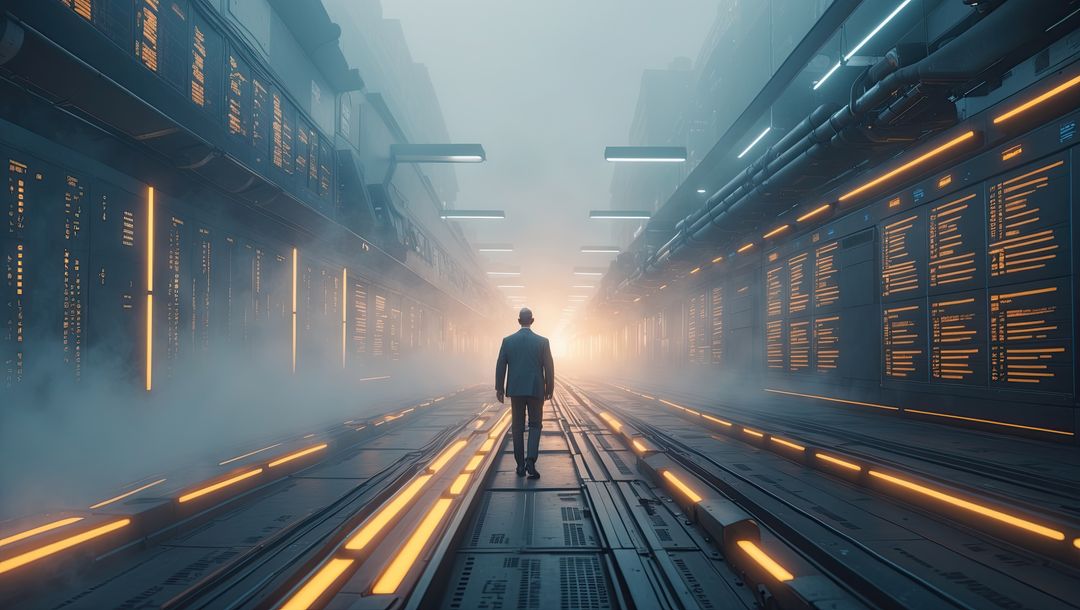 Man in Futuristic High-Tech Corridor with Glowing Lights and Data Panels