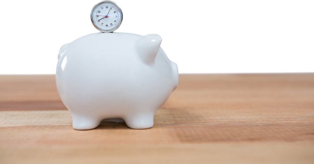 Transparent Piggy Bank on Wooden Surface with Stopwatch - Download Free Stock Images Pikwizard.com