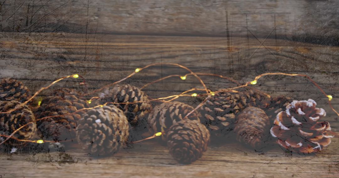 Pine Cones with Festive Lights on Rustic Wooden Surface