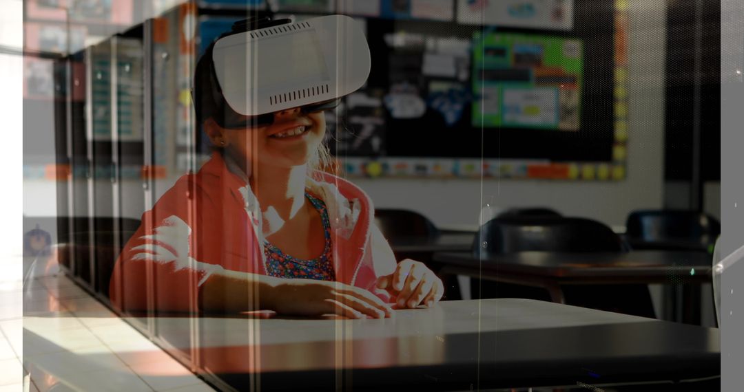 Child Exploring Virtual Reality in Classroom Surrounded by Digital Interface