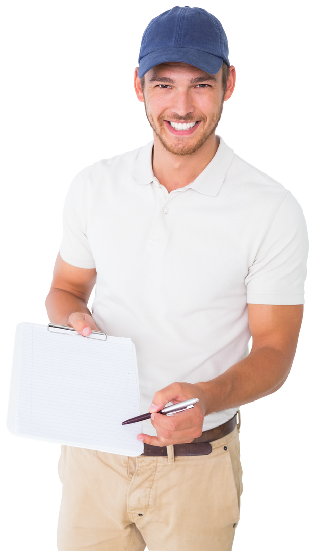 Happy Delivery Man Holding Clipboard on Transparent Background - Download Free Stock Images Pikwizard.com