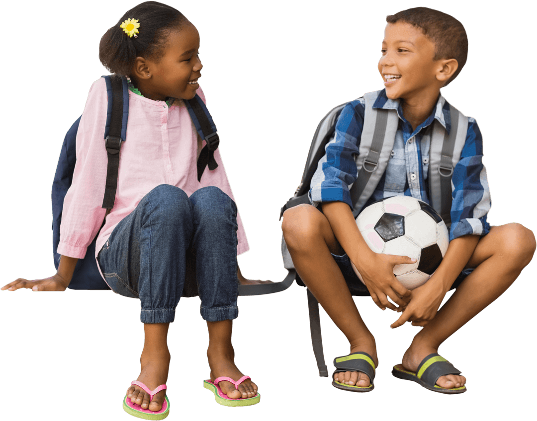 Smiling Children with Backpacks in Transparent Background