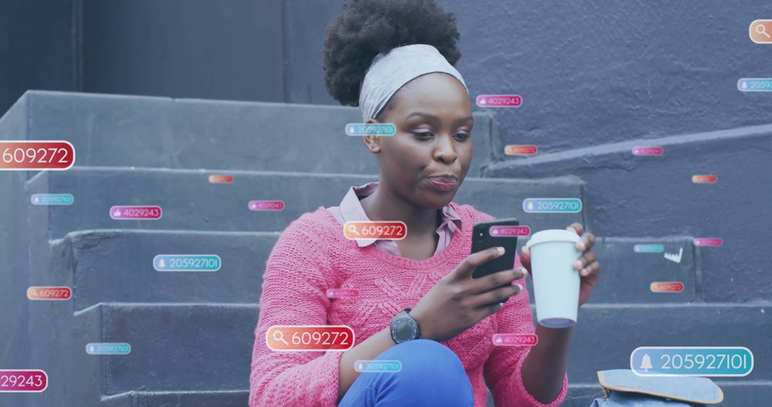Engaged Woman Interacting with Mobile Technology on Steps