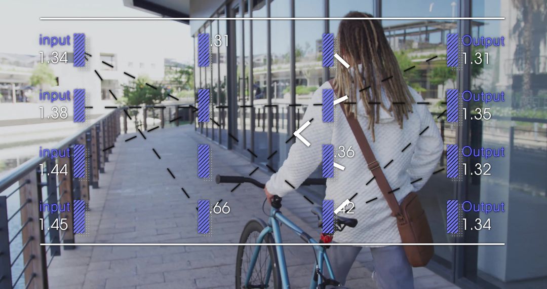 Urban Commuter Pushing Bicycle with Digital Analytics Interface