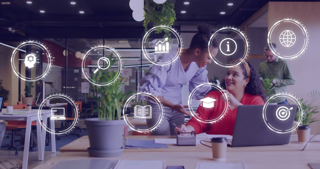 Diverse Team Collaborating with Digital Business Icons Overlay