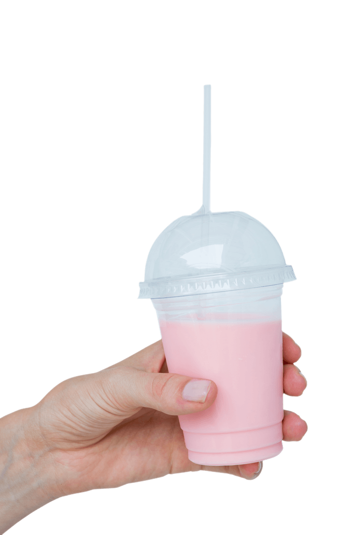 Hand Holding Transparent Cup with Strawberry Smoothie