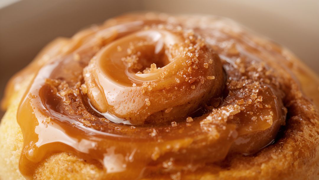 Glossy Caramel-Glazed Cinnamon Swirl Bun Macro Close-Up With Coarse Sugar Crystals