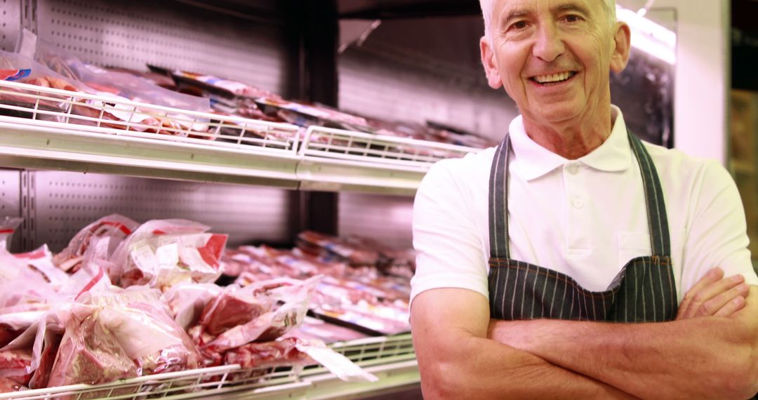 Smiling Senior Grocery Shop Assistant Among Meat Products - Free Images, Stock Photos and Pictures on Pikwizard.com