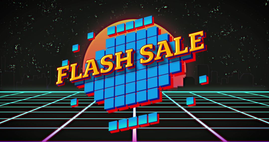 Retro Flash Sale Banner with Neon Grid and Cityscape