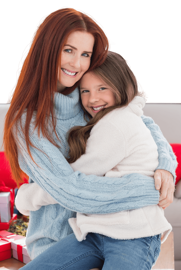 Caucasian Mother and Daughter Hugging on Transparent Background
