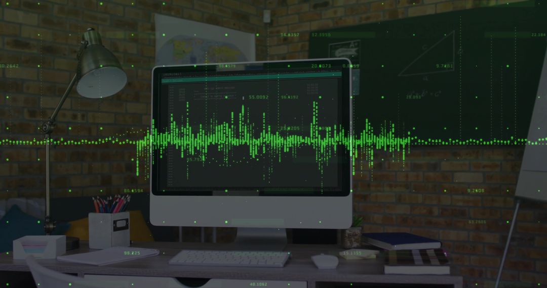 Innovative Workstation with Computer Displaying Green Waveform Graphics