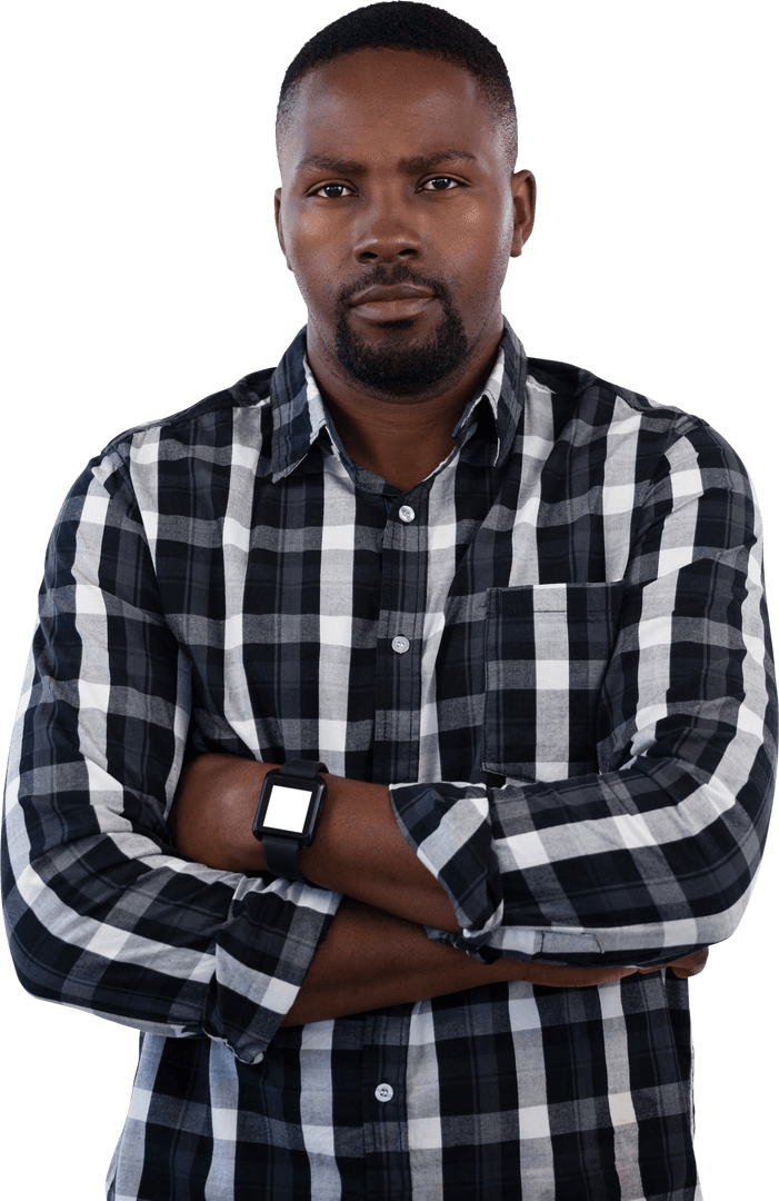 Confident Man Transparent Background with Smartwatch Plaid Shirt