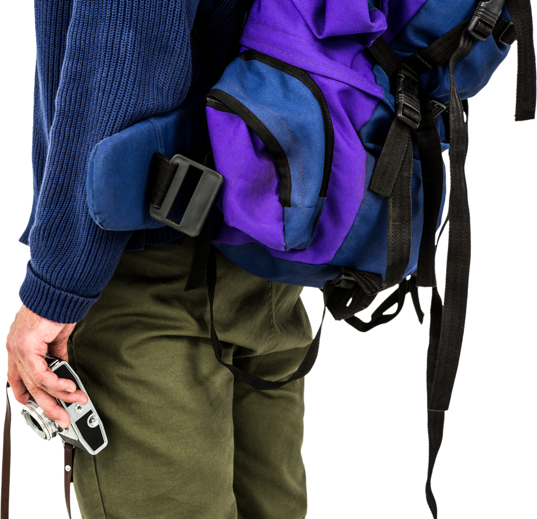 Midsection of Backpacker Holding Camera Next to Blue and Purple Backpack on Transparent Background - Download Free Stock Images Pikwizard.com