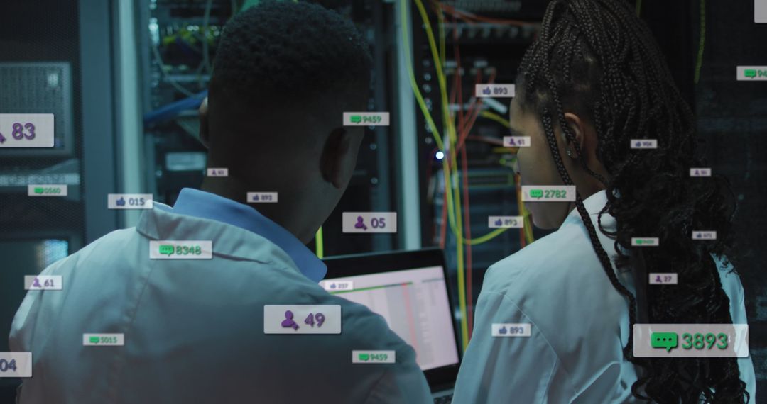 Engineers Analyzing Server Data with Social Media Overlay