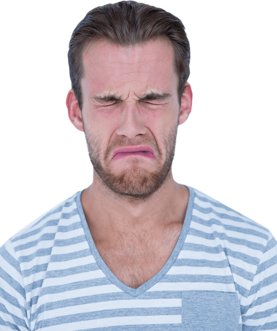 Upset Man in Striped Shirt Crying Isolated on Transparent Background