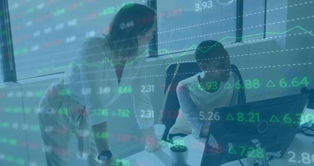 Colleagues Collaborating on Stock Data Analysis at Office