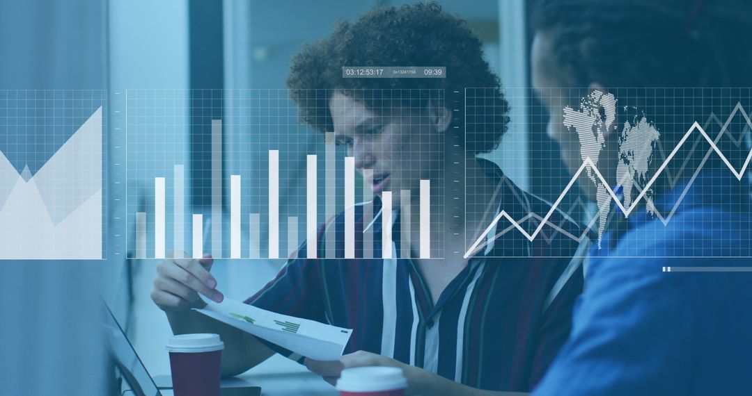 Diverse Professionals Analyzing Financial Reports with Graphic Overlay