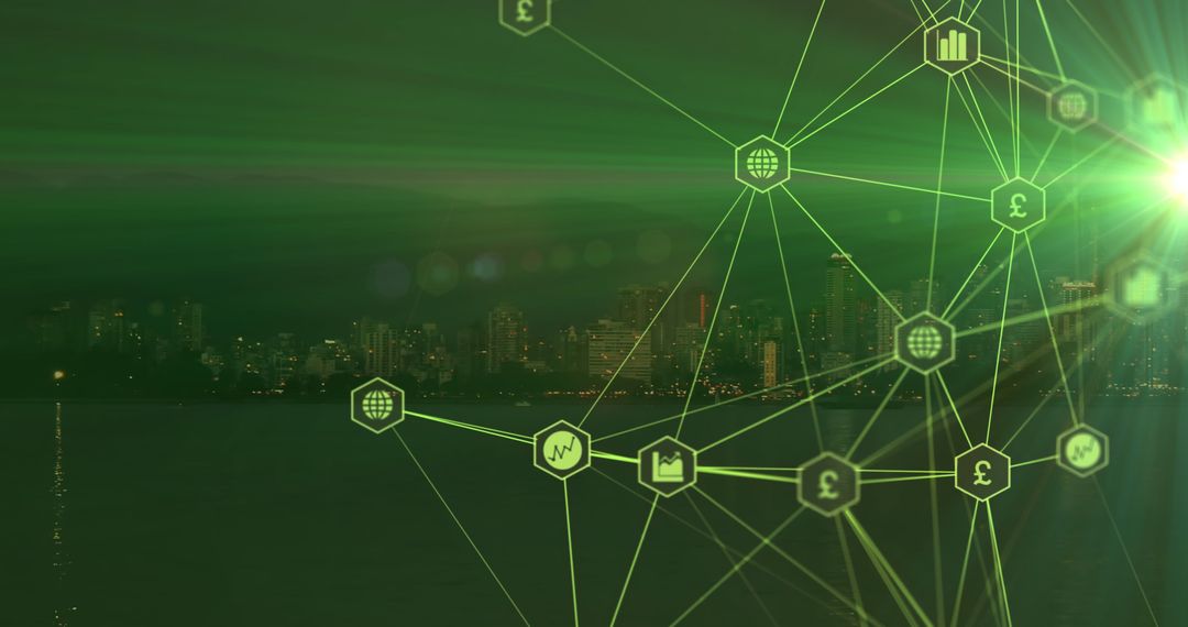 Digital Network Interface Over Green Cityscape