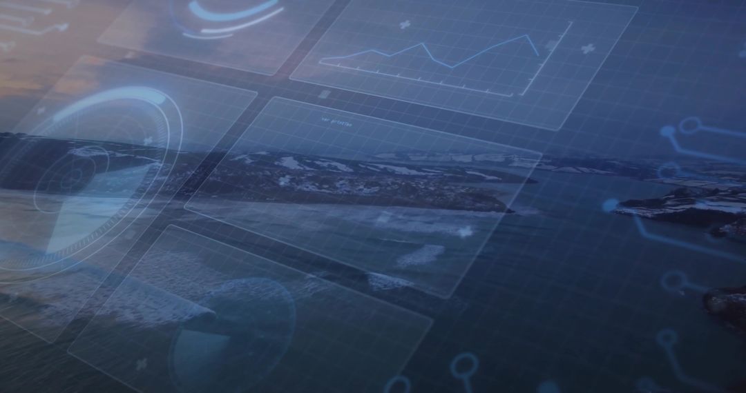 Aerial Coastal HUD Overlay Blending Futuristic Data Panels, Graphs and Grid Interface
