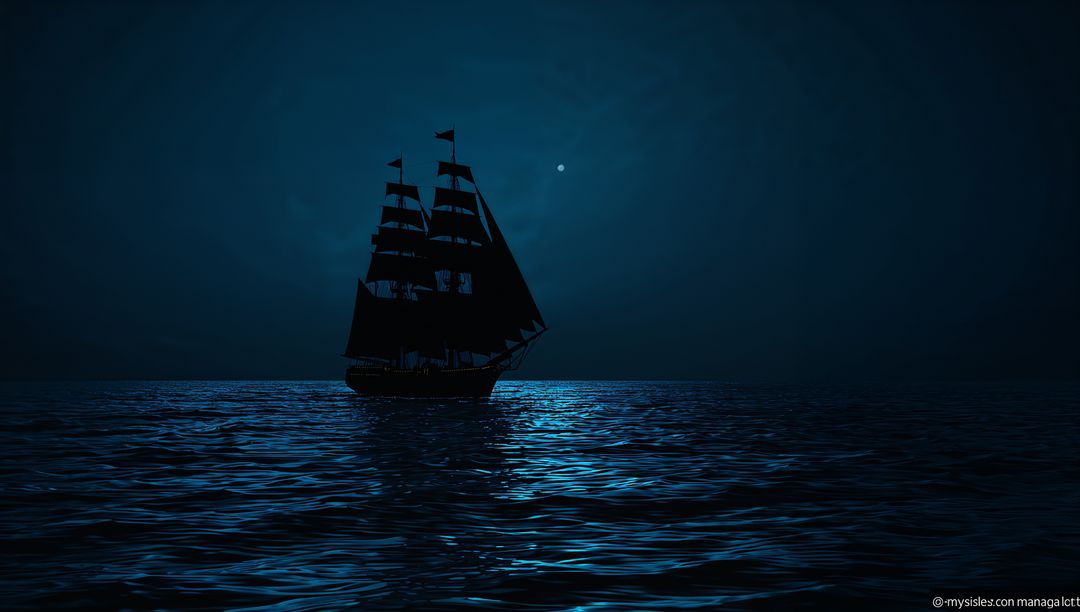 Silhouette of Tall Ship Sailing Under Moonlight on Calm Sea