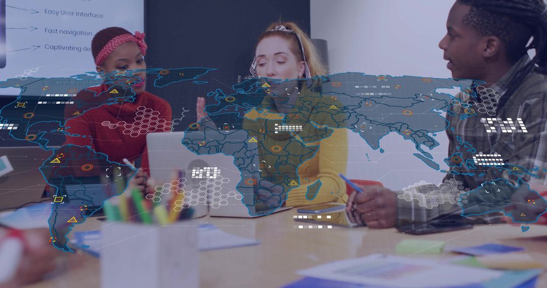 Diverse Team Collaborating Over Digital World Map Overlay