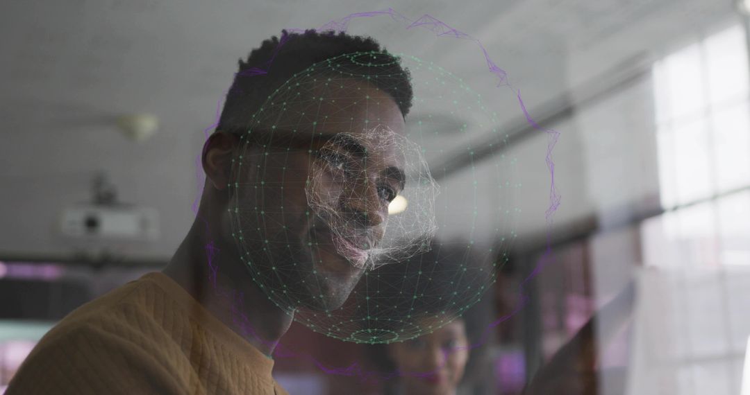 Tech Professional Interacting with Holographic Display in Modern Office