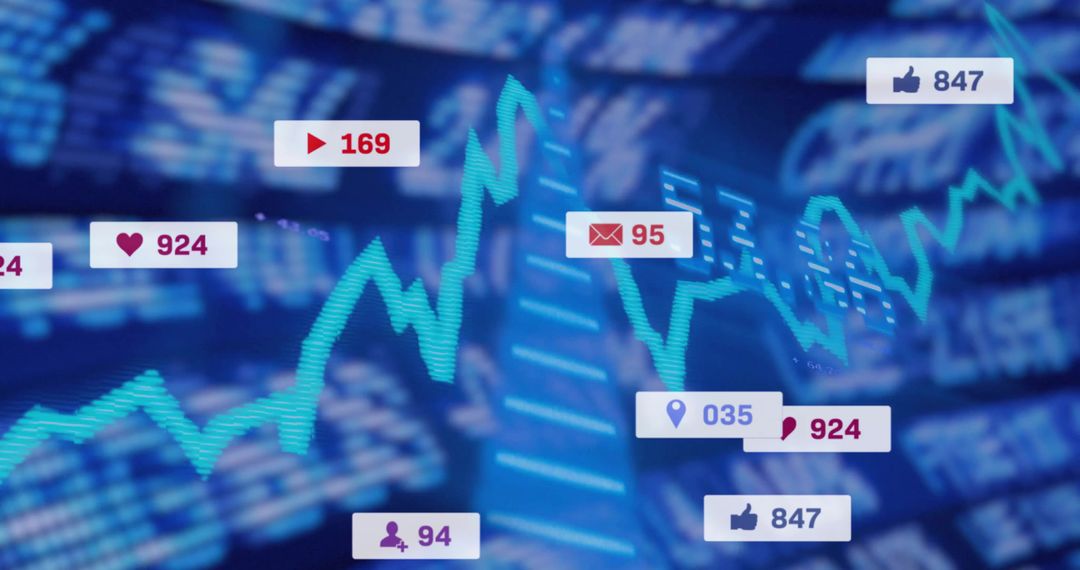 Turquoise Analytics Line Graph Overlaying Blue Digital Dashboard with Social Media Badges