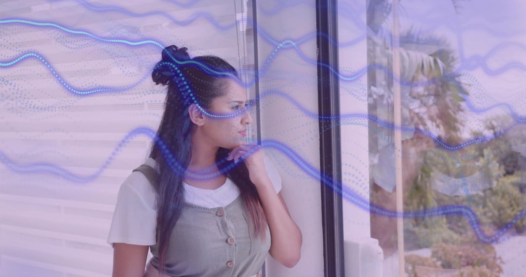 Thoughtful Woman by Window with Digital Waveform Overlay